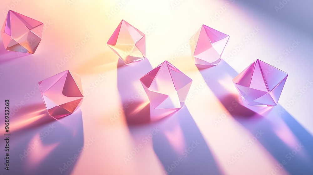 Group of 3D pink tetrahedrons casting shadows on a gradient surface Group of 3D pink tetrahedrons casting shadows on a gradient surface