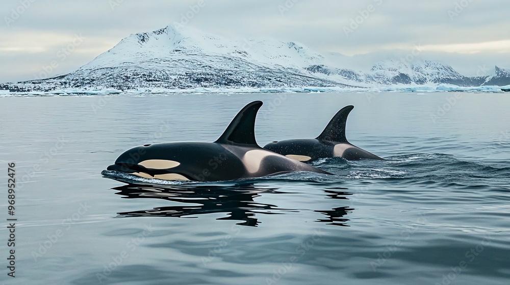 Two orcas swim together in a cold, icy ocean with a snowy mountain in the background. Two orcas swim together in a cold, icy ocean with a snowy mountain in the background.