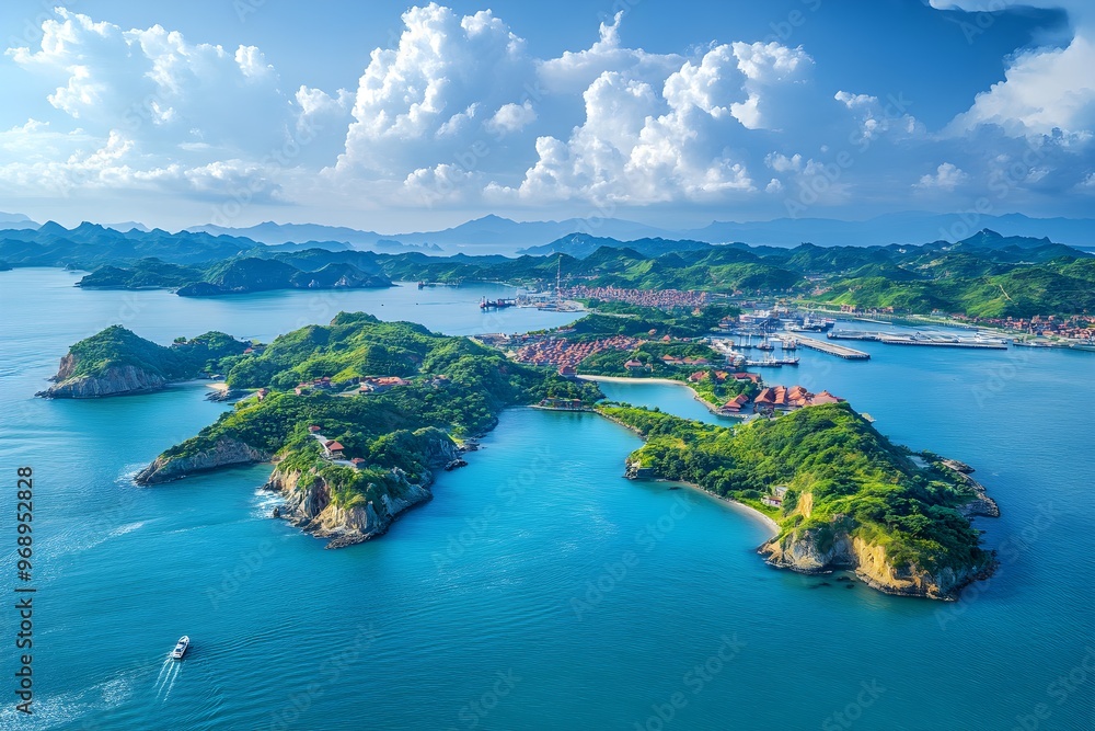 Naklejka premium Beautiful aerial view of a tropical tourist destination with buildings on the waterfront with green trees and clouds on a clear day