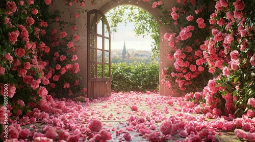 Fototapeta Naklejka Na Ścianę i Meble -  The entrance of the room is covered with pink roses, and outside there's an arched window with a view of nature. The floor is scattered 