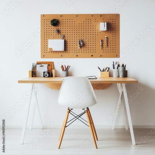 A minimalist workspace featuring a wooden desk, a chair, and a pegboard for organization.