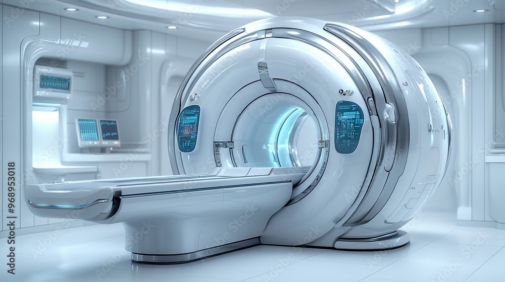 Futuristic Medical Imaging Machine in a Modern Clean Clinical Facility Futuristic Medical Imaging Machine in a Modern Clean Clinical Facility