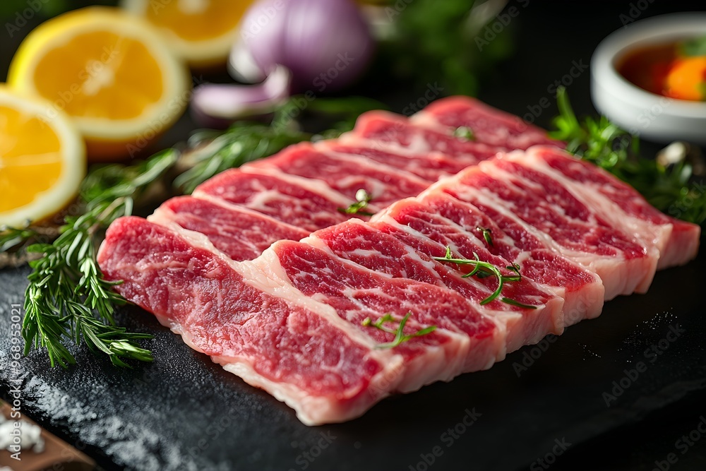 The best, well-marbled beef is well prepared and ready to eat, placed on a table with a variety of vegetables and lemons. The best, well-marbled beef is well prepared and ready to eat, placed on a table with a variety of vegetables and lemons.