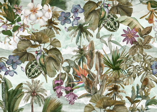 Tropical seamless pattern with palm leaves and tropical flowers, parrot and landscape with clouds and mountains hand painted in watercolor. landscape.