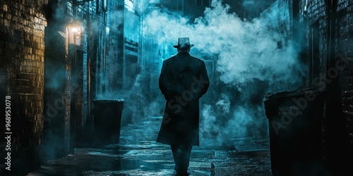 Man in a hat walks in a foggy alley. photo