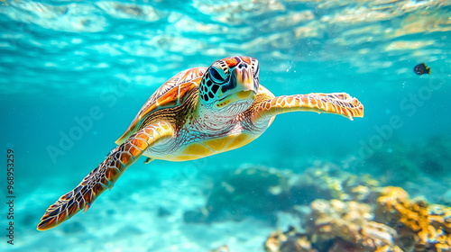 A curious sea turtle glidin...
