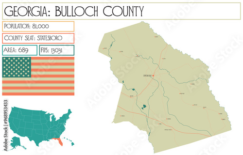 Large and detailed map of Bulloch County in Georgia USA.