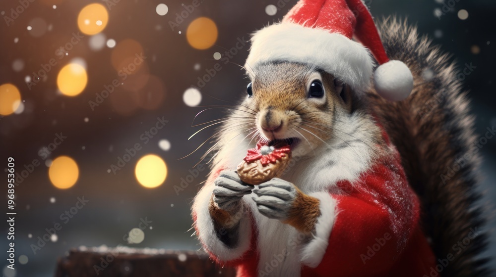 Portrait of a squirrel in Santa hat. Christmas background. Portrait of a squirrel in Santa hat. Christmas background.