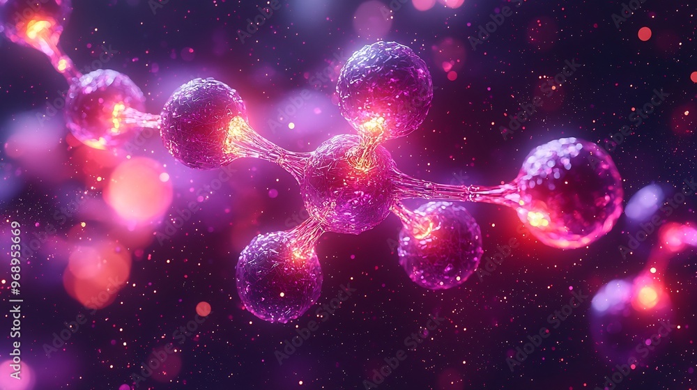 Semiabstract depiction of chemical bonds with molecules connecting through glowing neon lines symbolizing the formation of compounds in chemistry Semiabstract depiction of chemical bonds with molecules connecting through glowing neon lines symbolizing the formation of compounds in chemistry
