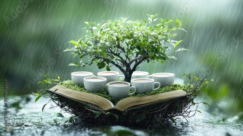 The green tree in a shape of a book with a nest with eggs, but instead of eggs there are white 5 cups with coffee inside. Itâ€™s raining and sunny wether on this image. photo