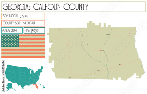 Large and detailed map of Calhoun County in Georgia USA.