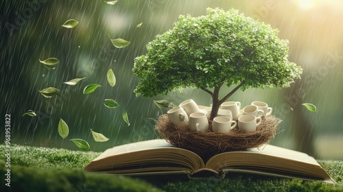The green tree in a shape of a book with a nest with eggs, but instead of eggs there are white 5 cups with coffee inside. Itâ€™s raining and sunny wether 