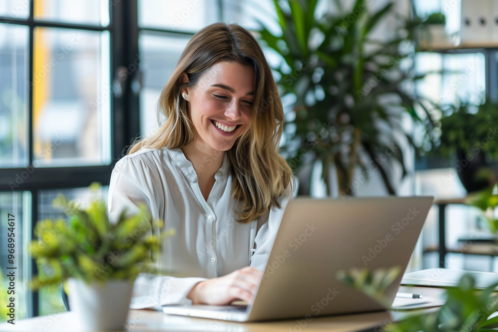 Young happy professional business woman executive working on computer technology in office, busy smiling businesswoman entrepreneur or hr manager using laptop sitting at work desk. Copy space for ads Young happy professional business woman executive working on computer technology in office, busy smiling businesswoman entrepreneur or hr manager using laptop sitting at work desk. Copy space for ads