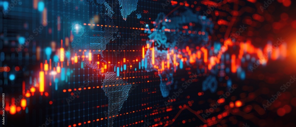 Obraz premium Digital data visualization with glowing financial graphs and charts, depicting global market trends and analysis in a futuristic style.