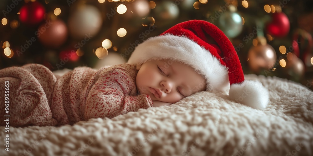 A baby is sleeping with a red hat on. The hat has a white star on it. The baby is laying on a bed with a Christmas tree in the background A baby is sleeping with a red hat on. The hat has a white star on it. The baby is laying on a bed with a Christmas tree in the background