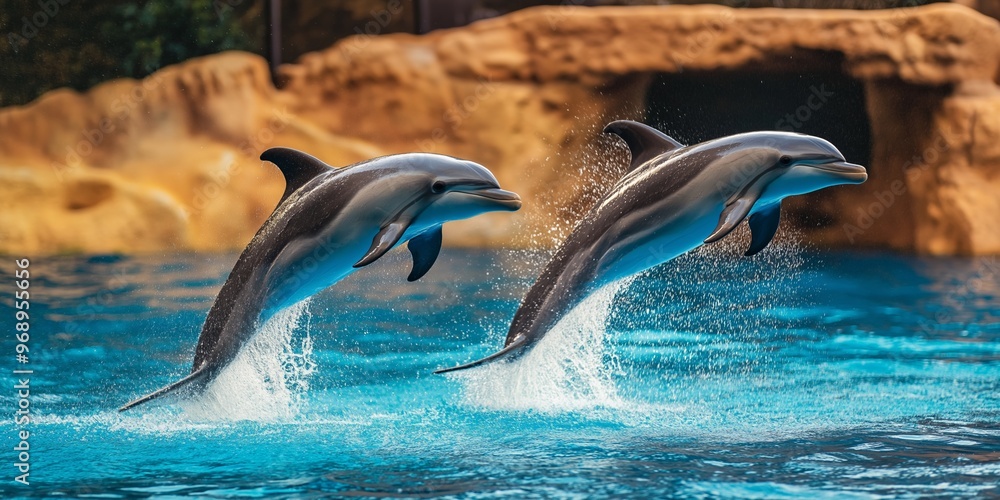 Fototapeta premium Two dolphins jumping out of the water in a pool. Scene is joyful and playful