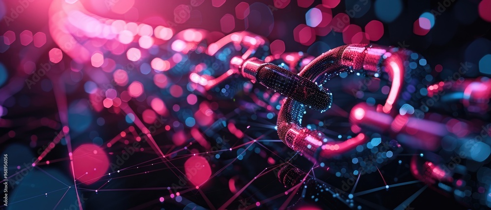 Futuristic blockchain network with glowing links and digital connections, representing secure technology and cryptocurrency. Futuristic blockchain network with glowing links and digital connections, representing secure technology and cryptocurrency.