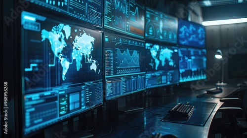 Wallpaper Mural Futuristic command center with multiple screens displaying data and world maps, showcasing advanced technology and data analysis. Torontodigital.ca