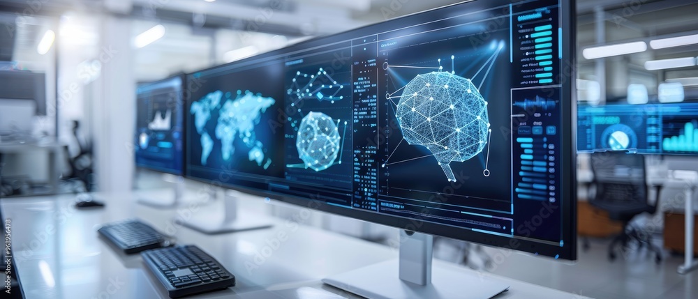 Futuristic data analysis with multiple monitors displaying digital brain diagrams and analytical graphs in a modern tech workspace. Futuristic data analysis with multiple monitors displaying digital brain diagrams and analytical graphs in a modern tech workspace.