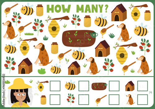How many activity page for kids with cute farm characters. Count the number of bee, dog, tomato and more. Puzzle game for school and preschool. Vector illustration