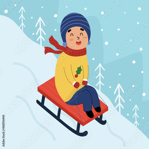 Cute boy sledding down the mountain winter scene. Adorable Christmas print for kids. Winter outdoor activity sport vector illustration