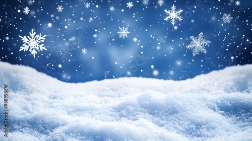 Wallpaper Mural Delicate white snowflakes gently fall against a soft, blurred blue background, creating a serene winter scene. The snow-covered landscape adds a peaceful, seasonal ambiance. Torontodigital.ca