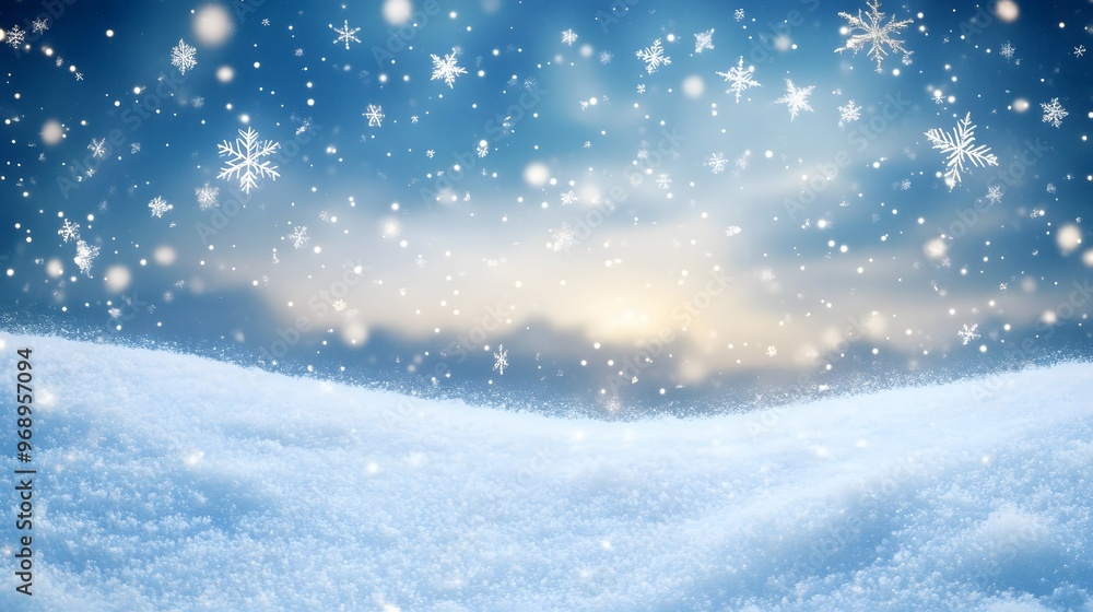 Delicate white snowflakes gently fall against a soft, blurred blue background, creating a serene winter scene. The snow-covered landscape adds a peaceful, seasonal ambiance. Delicate white snowflakes gently fall against a soft, blurred blue background, creating a serene winter scene. The snow-covered landscape adds a peaceful, seasonal ambiance.