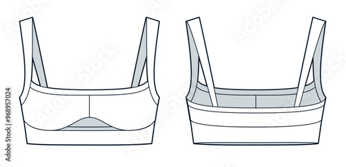 Crop Top technical fashion illustration. Sports Bra fashion flat technical drawing template, square neck, cutout, slim fit, front and back view, white, women Top CAD mockup.