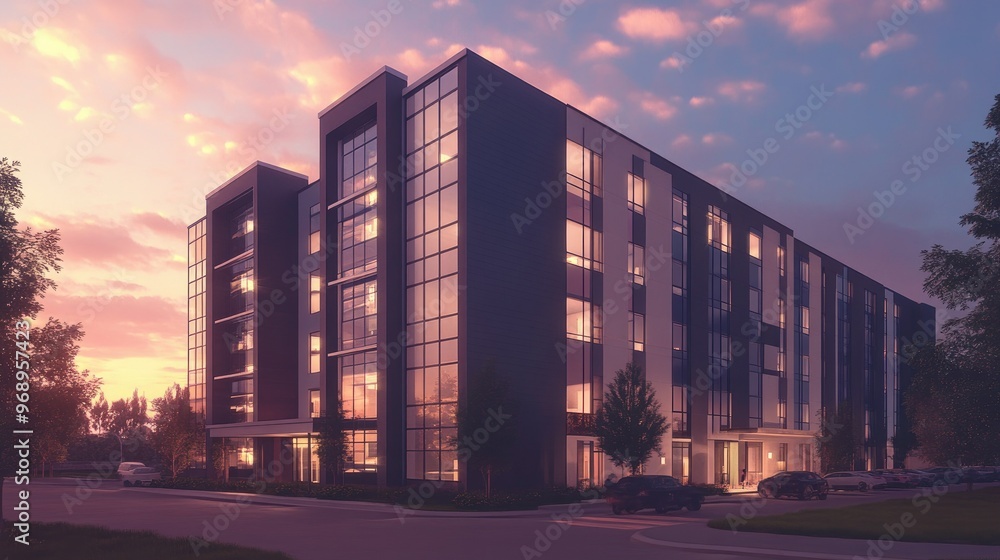 Obraz premium BIM-rendered multi-story building with detailed architectural features, bathed in the soft glow of twilight, blending modern design with cutting-edge technology