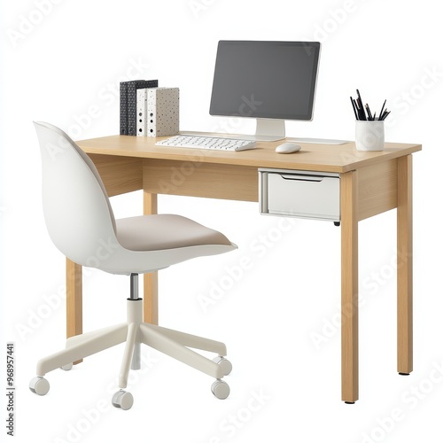 A modern desk setup with a computer, chair, and storage drawer for work or study.