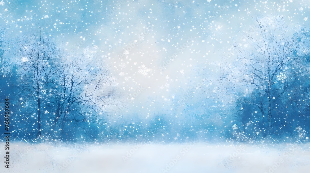 Delicate white snowflakes gently fall against a soft, blurred blue background, creating a serene winter scene. The snow-covered landscape adds a peaceful, seasonal ambiance. Delicate white snowflakes gently fall against a soft, blurred blue background, creating a serene winter scene. The snow-covered landscape adds a peaceful, seasonal ambiance.