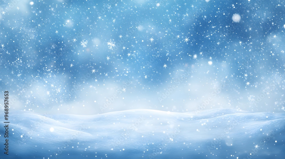 Delicate white snowflakes gently fall against a soft, blurred blue background, creating a serene winter scene. The snow-covered landscape adds a peaceful, seasonal ambiance. Delicate white snowflakes gently fall against a soft, blurred blue background, creating a serene winter scene. The snow-covered landscape adds a peaceful, seasonal ambiance.