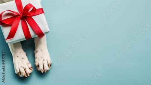 Dog paws presenting a wrapped gift box with a red ribbon, set against a bright blue background