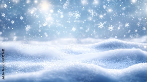 Wallpaper Mural Delicate white snowflakes gently fall against a soft, blurred blue background, creating a serene winter scene. The snow-covered landscape adds a peaceful, seasonal ambiance. Torontodigital.ca