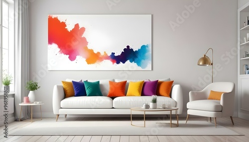 Photo modern style interior room 3d illustration Interior,Kitchen,Washrooms frame living room with colorful white sofa,led with blank frame photo