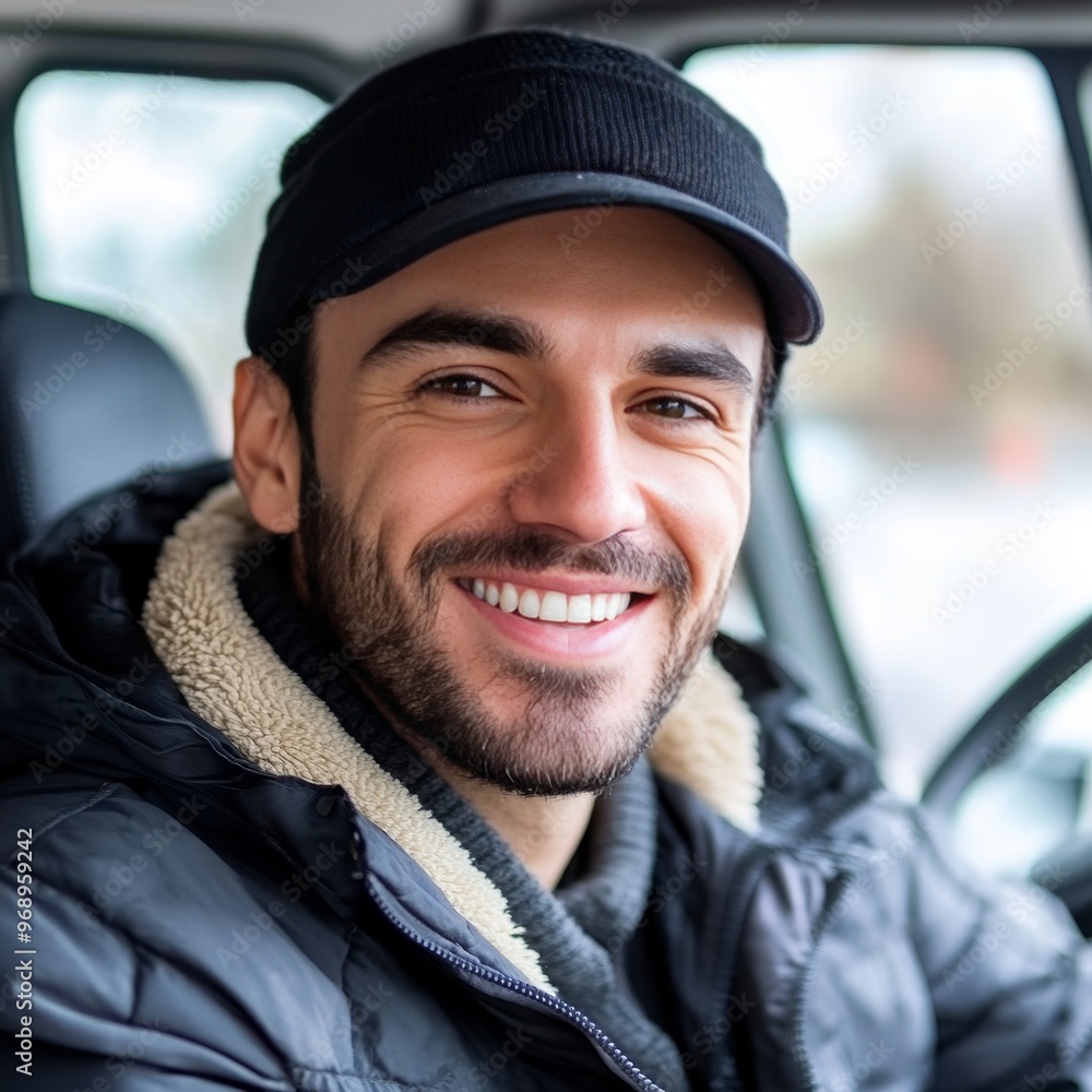 Young, Smiling Man with Facial Hair Posing In Driver Seat Of Car, Transportation Portrait Young, Smiling Man with Facial Hair Posing In Driver Seat Of Car, Transportation Portrait