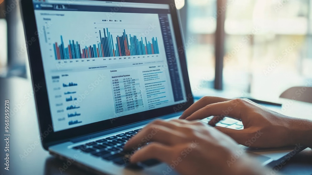 Business analyst deeply focused on a laptop screen displaying multiple data charts and growth statistics in a bright corporate setting. Business analyst deeply focused on a laptop screen displaying multiple data charts and growth statistics in a bright corporate setting.