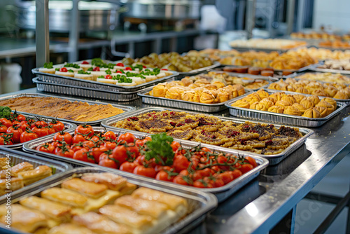 Buffet of various baked goods and dishes, including vegetables and savory options, set up in a catering kitchen for a large event.