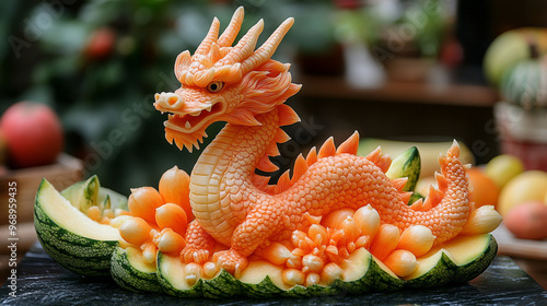 A beautifully carved dragon fruit sculpture made from melons and garnishes, showcasing artistic talent and creativity in food art. photo