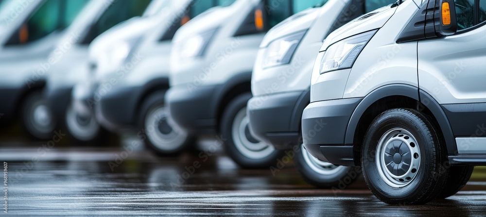 Fototapeta premium Fleet of White Delivery Vans in a Row, Commercial Vehicles Logistics, and Transportation Concept