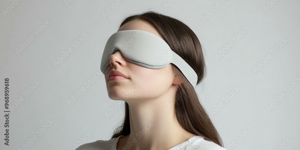Woman wearing a gray sleep mask. Woman wearing a gray sleep mask.