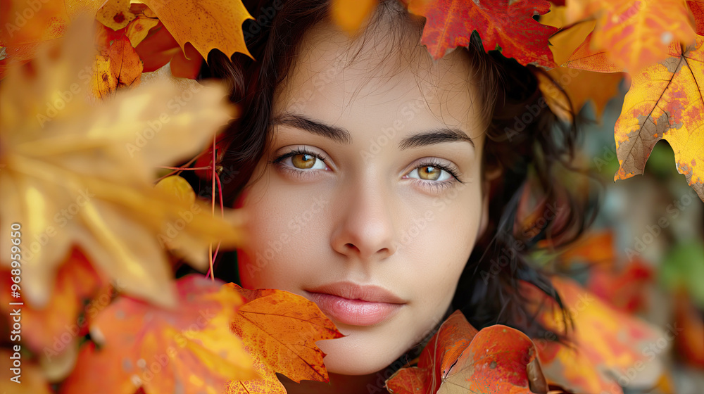 Close-up of a woman with deep brown eyes, framed by vibrant autumn leaves, creating a warm, natural atmosphere. Close-up of a woman with deep brown eyes, framed by vibrant autumn leaves, creating a warm, natural atmosphere.
