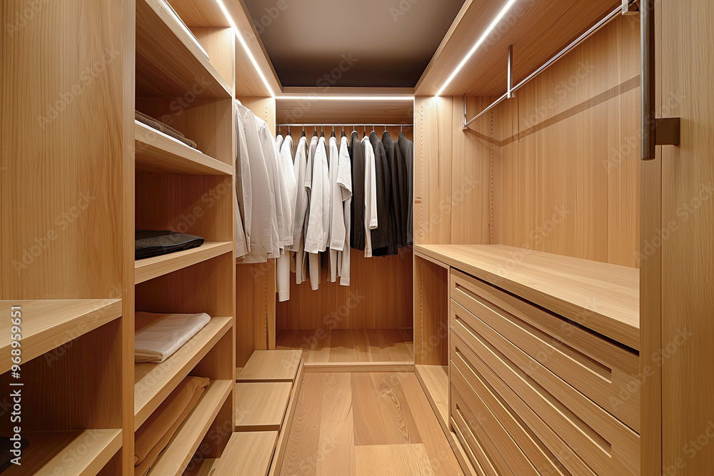 Minimalist modern walk-in closet with wooden shelves and clothing organized neatly, creating a clean and elegant interior. Minimalist modern walk-in closet with wooden shelves and clothing organized neatly, creating a clean and elegant interior.