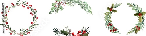 Set of hand-painted Christmas wreaths featuring holly, pine branches, and red berries, ideal for seasonal greeting cards and festive decorations
