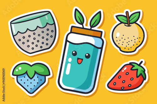 Cute sticker collection featuring chia seed water and fruit designs for fun crafting
