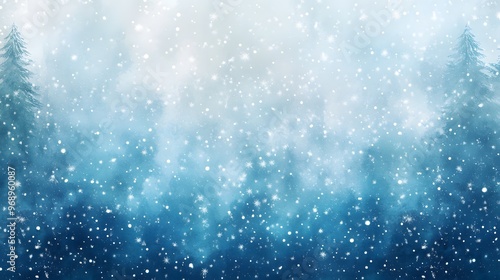 Delicate white snowflakes gently fall against a soft, blurred blue background, creating a serene winter scene. The snow-covered landscape adds a peaceful, seasonal ambiance.