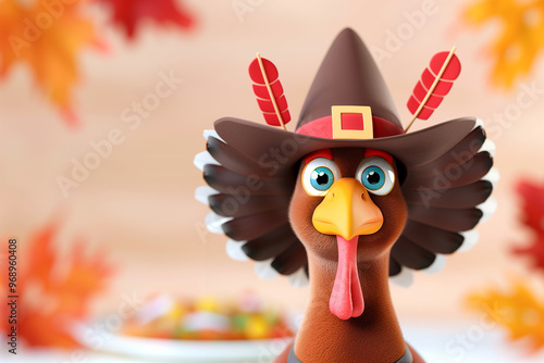 Turkey illustration wearing a hat with feathers for Thanksgiving celebration and festive autumn decoration photo