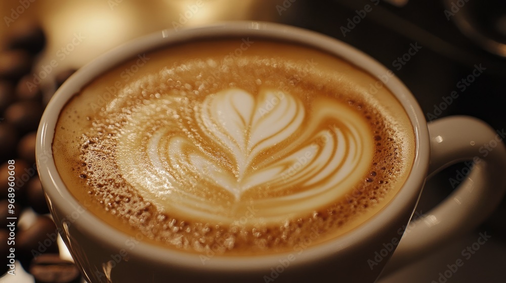 Close-up of a latte with artful foam and a few coffee beans around it, capturing the essence of a coffee break. Close-up of a latte with artful foam and a few coffee beans around it, capturing the essence of a coffee break.
