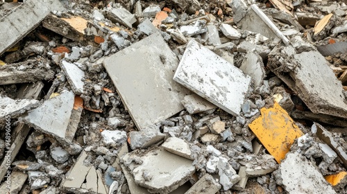 Close-up of a messy pile of concrete debris and construction waste, showing fragmented pieces and debris photo