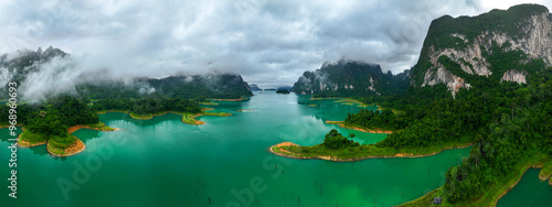 Aerial drone view of island on the lake, tropical Mountain peak , Khao Sok National Park, Thailand